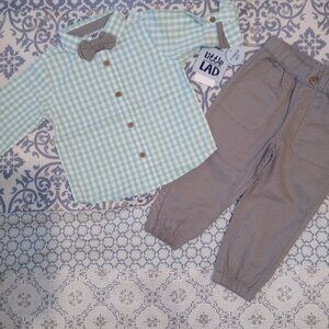 Little Lad 3 PC Roll Long Sleeve Green/White Plaid Shirt & Gray Pants/Bowtie 3T